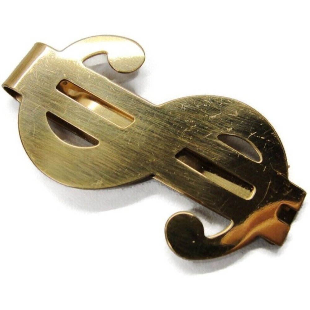 $ Dollar Sign Gold Tone Money Clip Stainless Wallet Card Cash ID Holder Vtg